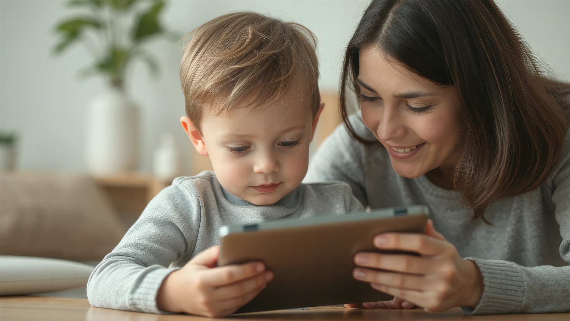 A parent and young child looking at a tablet together